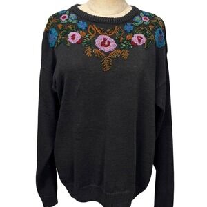VTG Color‎ Beads Floral Embroidery Black Sweater Women Petite S Bohemian Granny